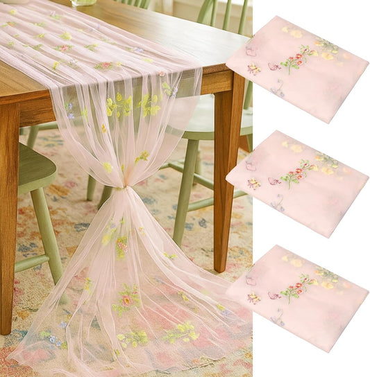 Lounsweer 3 Pcs Pink Wildflower Table Runner 10ft Embroidery Tulle Spring Floral Table Runner Seasonal Summer Butterfly Kitchen Dining Gauze Decoration for Wedding Baby Shower Birthday Party