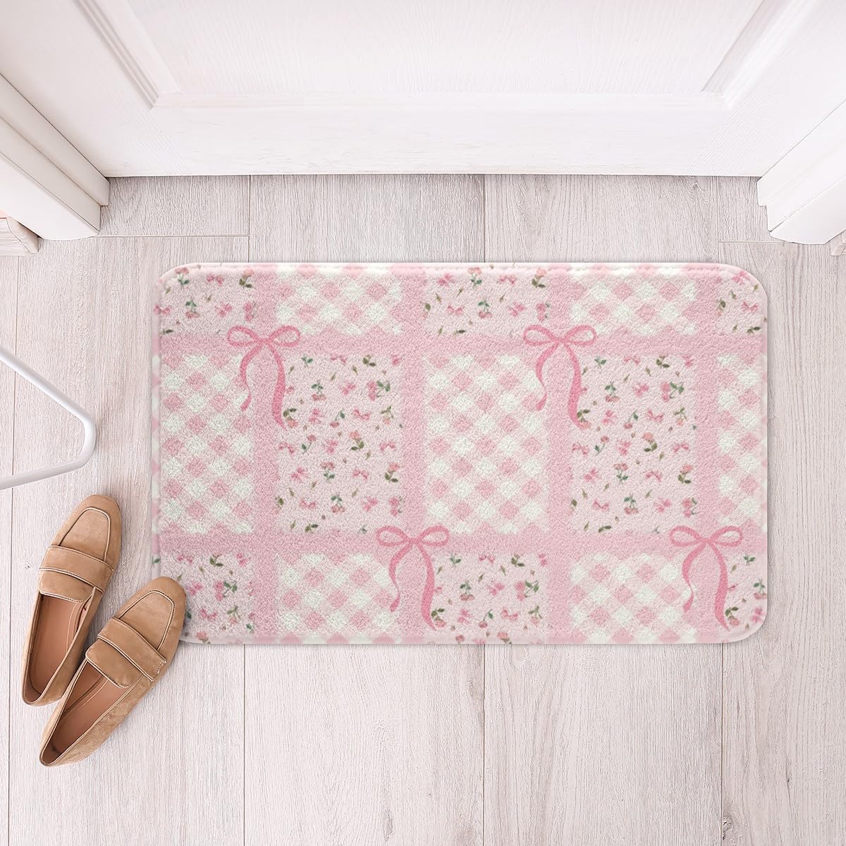 Manfei Cute Bowknot Bath Mats Pink Floral Bow Bathroom Mats Rugs,Geometric Plaid Grid Patchwork Bath Carpets,Kids Boys Girls Room Decor,Non Slip Absorbent Plush Floor Rugs, 20Wx32L Inches