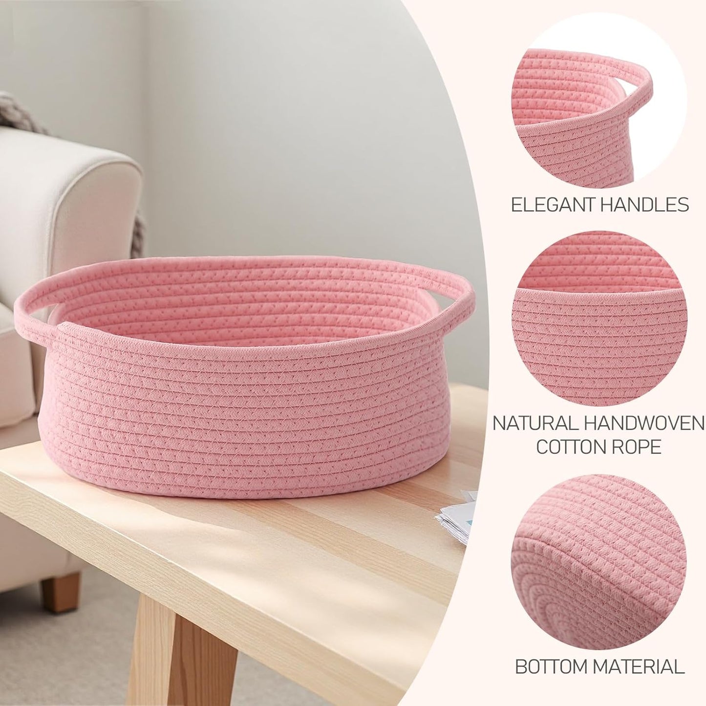 JMvicyroam Woven Basket,Small Rope Storage Bin with Handles & Ribbon Bag, Organizer for Shelves Closets,Gift Basket Empty for Birthday,Books,Dog Toys, Pink