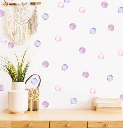 Watercolor Polka Dots Wall Decals Rainbow Colorful Removable Round Stickers for Kids Baby Girls Playroom Nursery Room (Pink Purple)