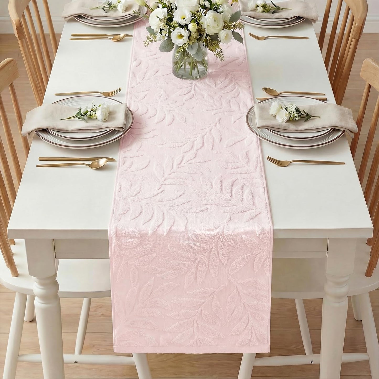 Artoid Mode Pink Soft 3D Jacquard Leaves 100%Cotton Spring Table Runner, Holiday Kitchen Dining Table Decoration for Home Party Decor 13x72 Inch