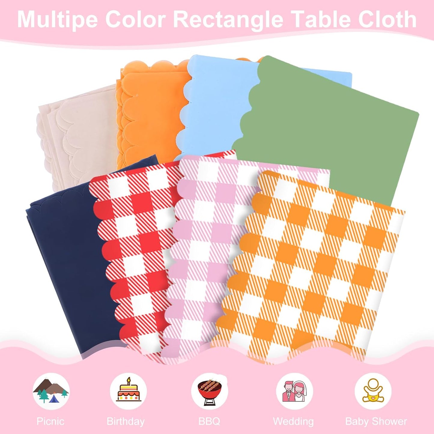 NatNarr 12 Pack Pink Gingham Tablecloths, 54 X 108Inch Scalloped Pink and White Checkered Table Cloth, Disposable Party Table Covers for Wedding Picnic Birthday Baby Bridal Shower Anniversay