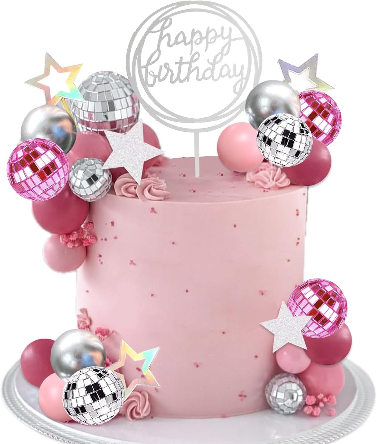 38Pcs Pink Silver Disco Ball Cake Decoration Pearl Balls Cake Topper Stars Disco Balls Happy Birthday Cake Topper for 70s 80s 90s Music Dance Girl Theme Wedding Birthday Baby Shower Party Supplies