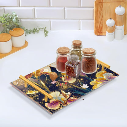 Pink and Gold Retro Flowers Decorative Rectangle Trays with Handles Trays for Eating for Jewelry Perfume for Bar Kitchen Party, Amber