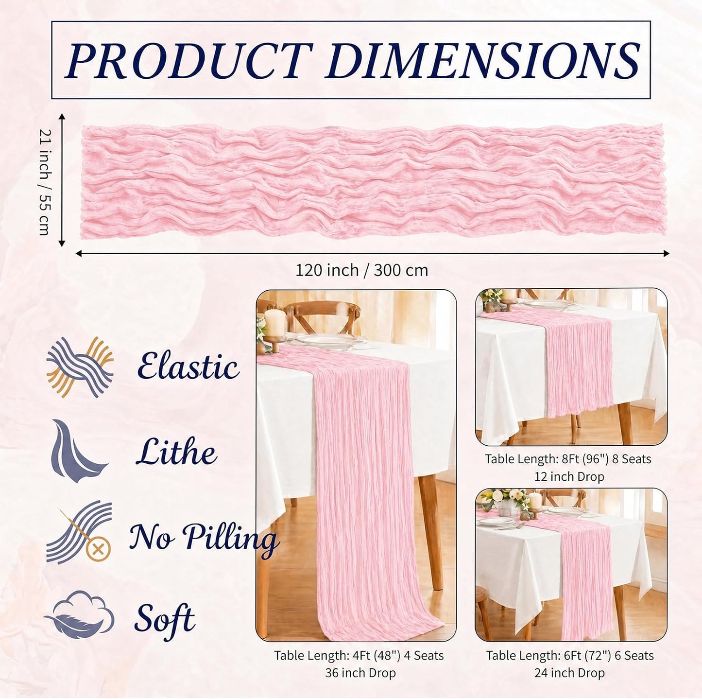 12 Pack Light Pink Cheesecloth Table Runner, 21 x 120 inch Boho Gauze Cheese Cloth Table Runners, 10 FT Long Rustic Semi Sheer Table Runners for Wedding,Bridal Shower,Banquet,Party Home Decor