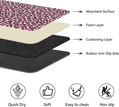 Bath Mats for Bathroom Set, Pink Leopard Print Bathroom Mat Set, Cute Girly Modern Rug, Non-Slip Shower Mat, Absorbent Quick-Dry Cheetah Print Restroom Decor, Washable Bathroom Floor Mats