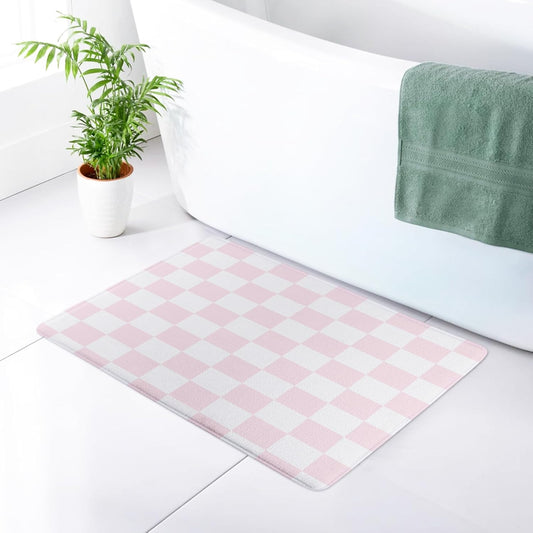 HVEST Pink Checkered Bath Mat for Bathroom, Modern Minimalist Plaid Pattern Non-Slip Bathroom Mat, Checkerboard Memory Foam Bath Rug, Shower Mats, Quick-Drying Toilet Rug, 23X15 Inches