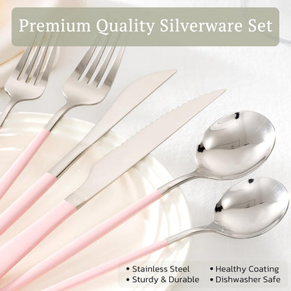 Astercook 25-Pieces Silverware Set with Steak Knives for 4 - Great Food-Grade Stainless Steel Flatware Set, Mirror-polished Cutlery Utensil Sets, Ideal for Home Restaurant & Banquet Use, Pink