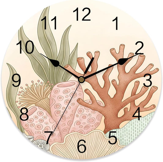 Summer Ocean Round Wall Clocks 14 Inch Pink Coral Seaweed Watercolor Gradient Orange Silent Non-Ticking Battery Operated PVC Clock for Wall Home Decor Kitchen Living Room Bedroom Office