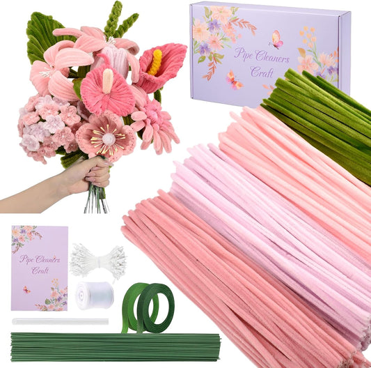 400 Pcs Pipe Cleaners Craft Set, 4 Assorted Pink Pipe Cleaners Flower Kit, 7MM Fluffy Chenille Stems for DIY Flower Making Kit with Floral Stems, Gardening Tape, Stamen for DIY Gift Decorations(Pink)