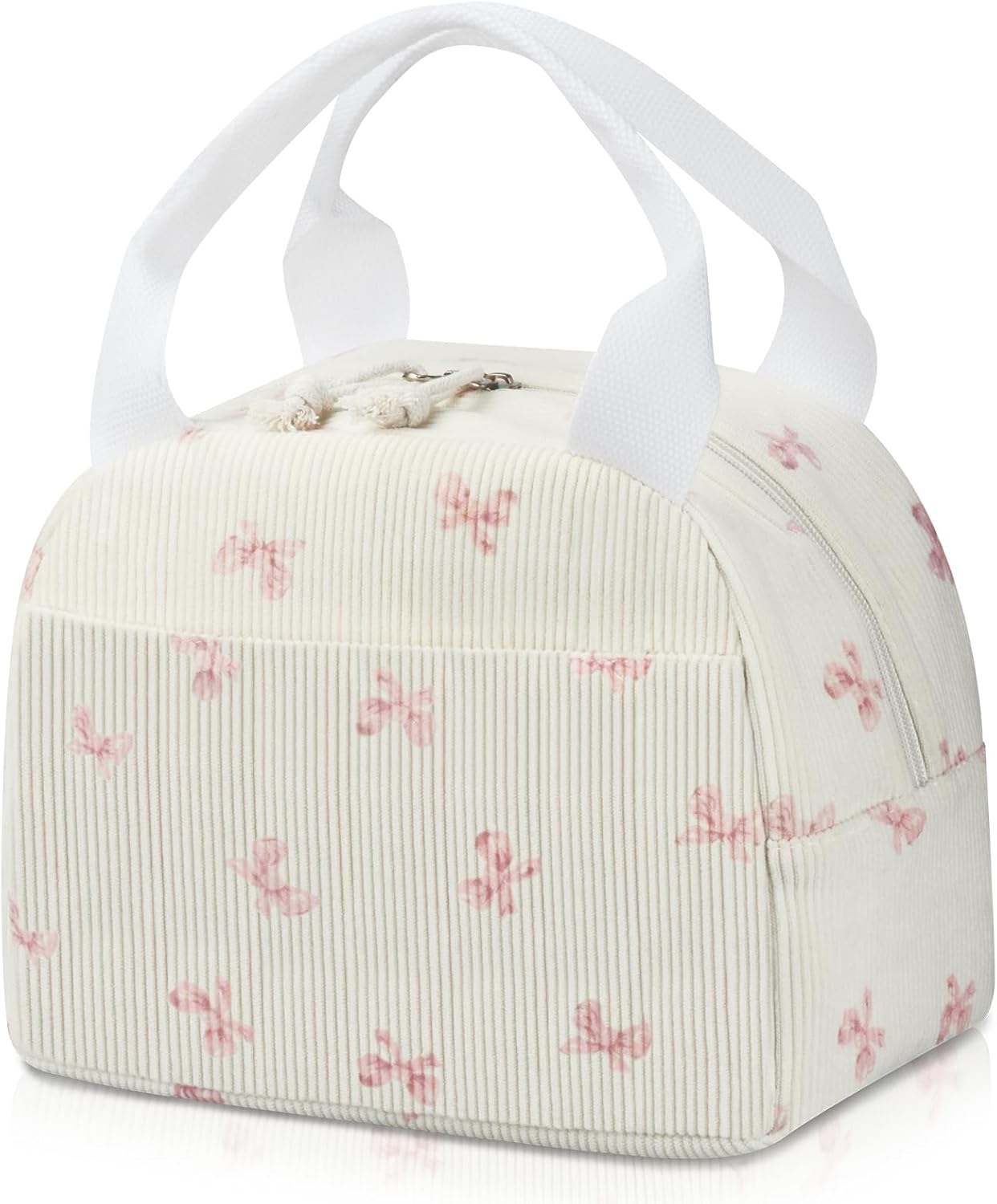 BuyCard Insulated Lunch Bag for Women, Reusable Corduroy Cute Lunch Box, Leakproof Floral Lunch Tote Bag with Large Capacity, Small Cooler Lunch Container for Work Office Travel Picnic (Beige Bow)
