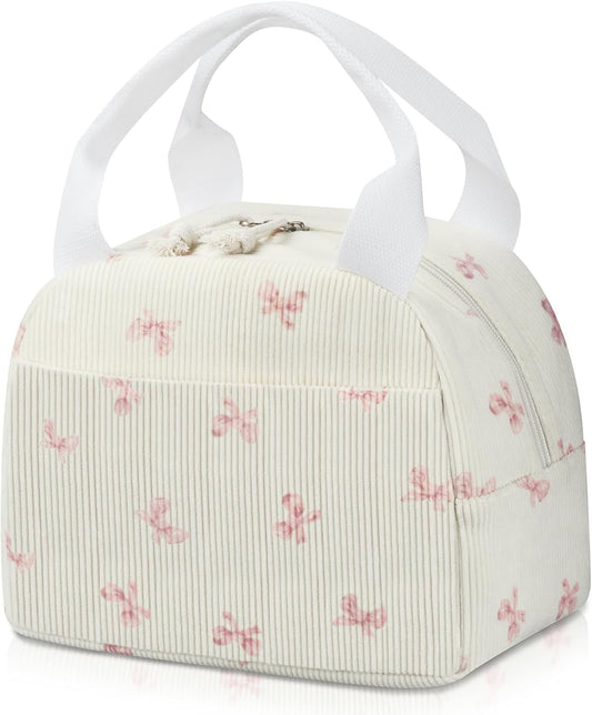 BuyCard Insulated Lunch Bag for Women, Reusable Corduroy Cute Lunch Box, Leakproof Floral Lunch Tote Bag with Large Capacity, Small Cooler Lunch Container for Work Office Travel Picnic (Beige Bow)