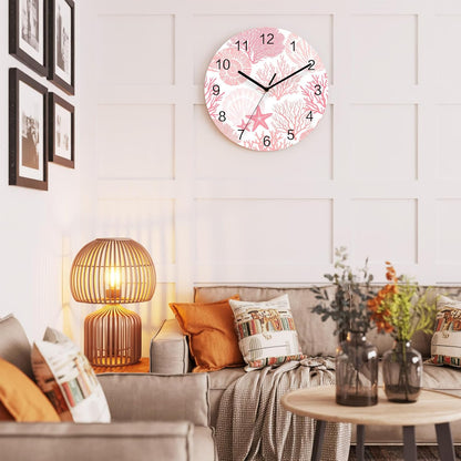 Abstract Wall Clock Battery Operated Non-Ticking 12" Round Wood Clocks, Coral Starfish Marine Pink Kitchen Wall Clock for School Bathroom Living Room Home Office Wall Decor