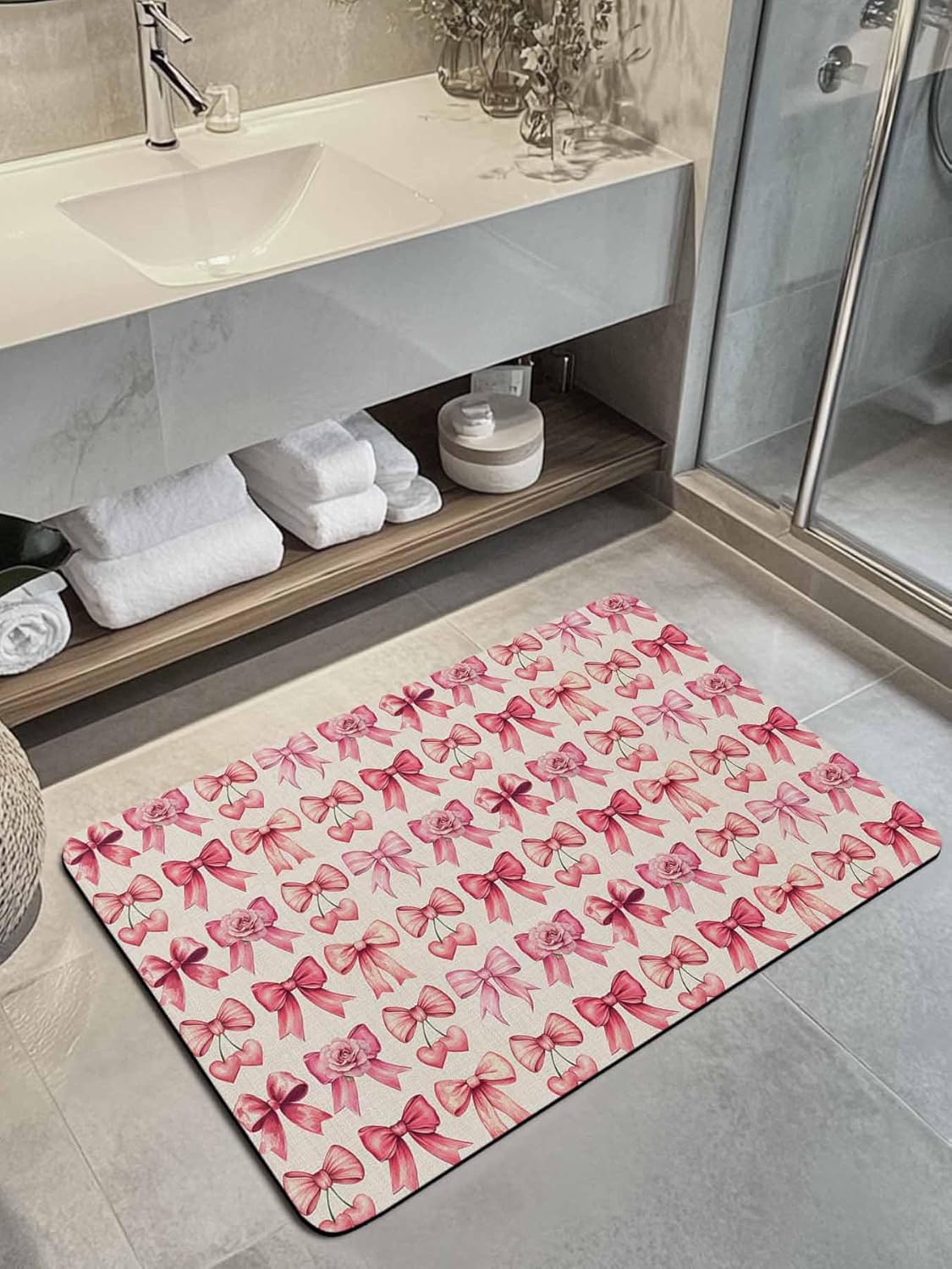 Pink Bow Doormat Bath Mat Quick Dry Non Slip Rug with Rubber Romantic Rose Beige Linen Retro Water Absorbing Mat for Bathroom Kitchen Front Door Laundry Room 32" x 20"