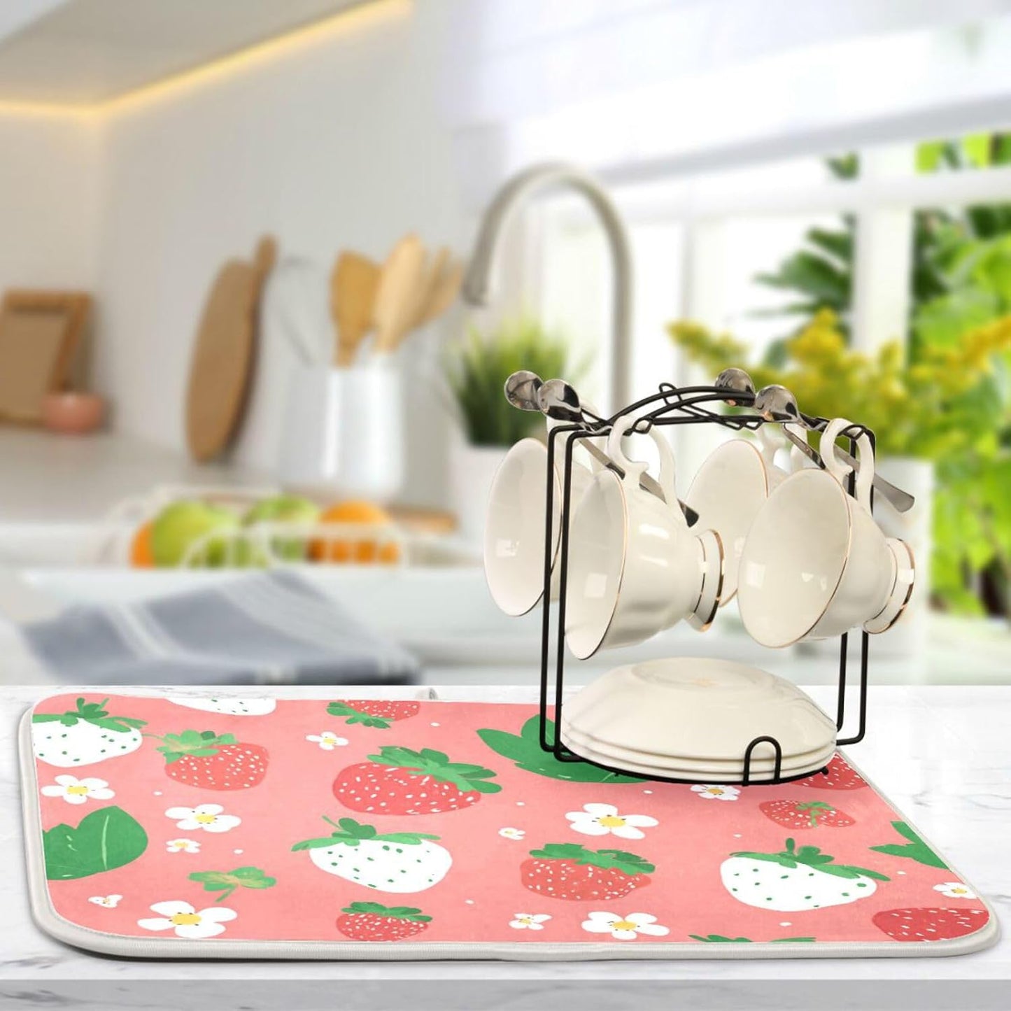 Dish Drying Mat 16x18 For Kitchen Counter Cute Strawberry Pink Green Absorbent Dishes Drainer Rack Mats Microfiber Reversible Dish Drying Pad Fast Dry Kitchen Accessories