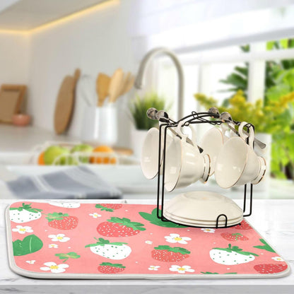 Dish Drying Mat 16x18 For Kitchen Counter Cute Strawberry Pink Green Absorbent Dishes Drainer Rack Mats Microfiber Reversible Dish Drying Pad Fast Dry Kitchen Accessories