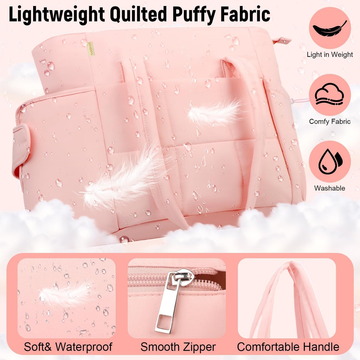 Puffer Tote Bag with Large Cup Holder& 15.6 Inch Laptop Compartment, Lightweight Puffy Work Bag with Water Bottle Pocket, Large Laptop Tote with Clutch Purse for Women Teacher Nurse (Pink)