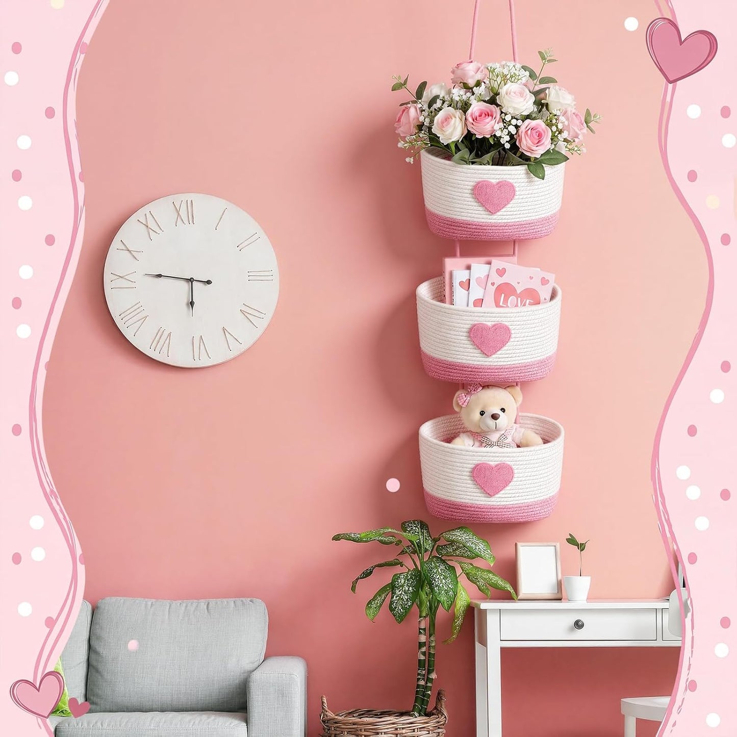 3-tier Heart Theme Cotton Rope Hanging Basket Organizer, Wall Storage Bin with Hooks, Pink White over Door Decorative Nursery Closet Hanging Accessories