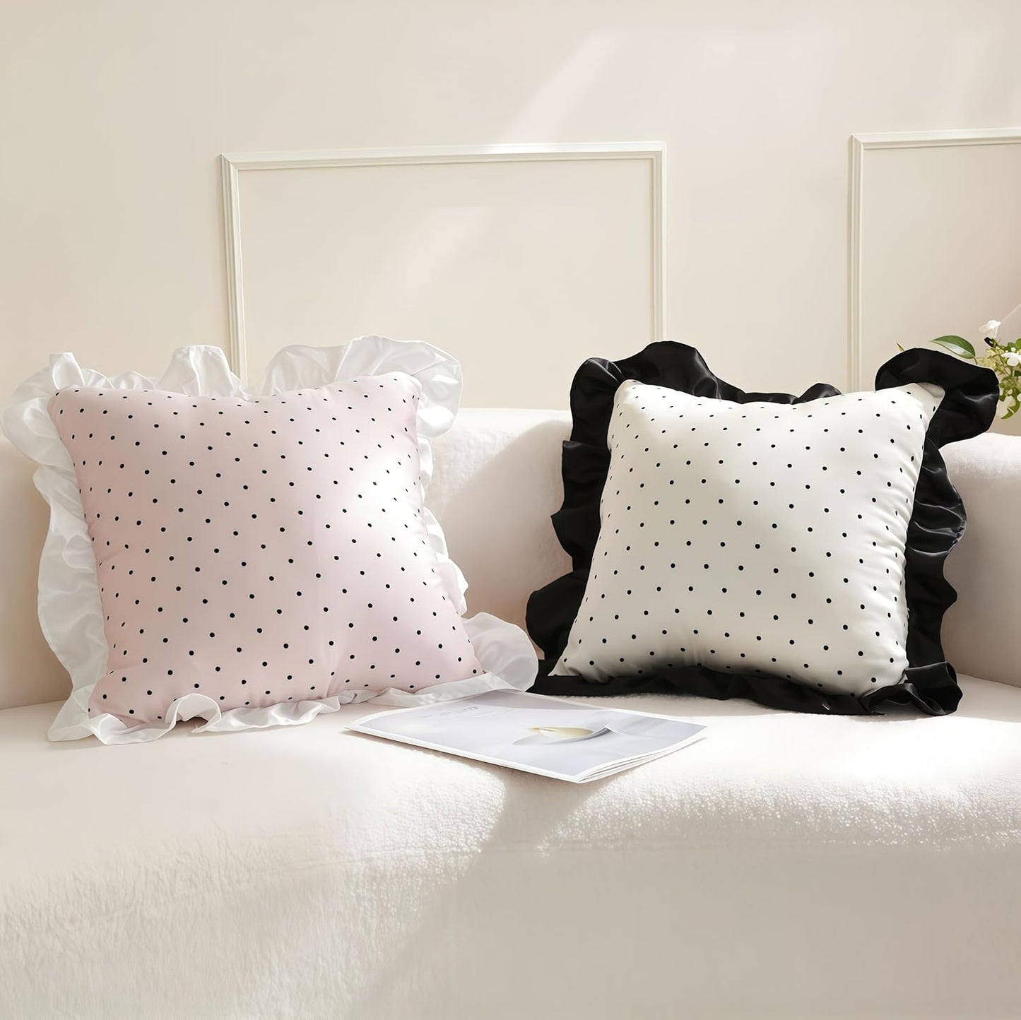 Pink Black Polka Dot Silk Throw Pillow Cover 18x18 Inch, Ruffle Cushion Cover with White Lace Trim, Shabby Decorative Chic Pillowcase for Rustic Living Room, Bedroom & Country Home Decor