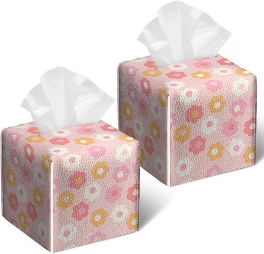 Retro Pink Flower Tissue Box Cover 2PCS, Leather Tissue Box Holder Square Facial Paper Case Tissue Box Cube Organizer for Bathroom Bedroom Desk Office