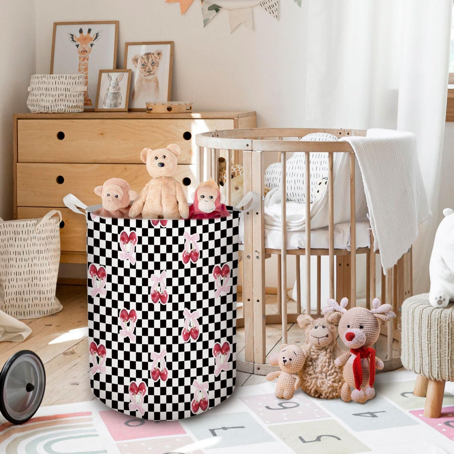 Coquette Pink Cherry Bow Laundry Basket, Toybox for Girls Room, Checkered Laundry Basket Hamper Waterproof Collapsible Clothes Toys Storage Bin Organizer for Bedroom Bathroom Girls Room Dorm