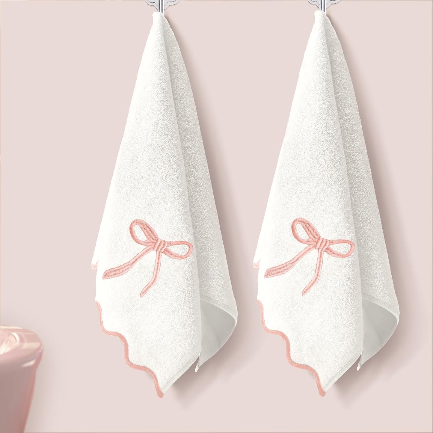 Fanfanwin 2 Pcs White Pink Bow Scalloped Hand Towels for Bathroom 26 x 13 Inch Soft Embroidery Cute Coquette Bath Towels Fingertip 100% Cotton Absorbent Boho Bath Decor for Kitchen Bathroom