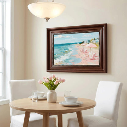 Framed Pastel Coastal Canvas Wall Art Pink Beach Umbrella Painting Picture Wall Decor Tropical Beach Scene Poster Print Artwork for Preppy Living Bedroom Bathroom Home Decoration 9x11 in