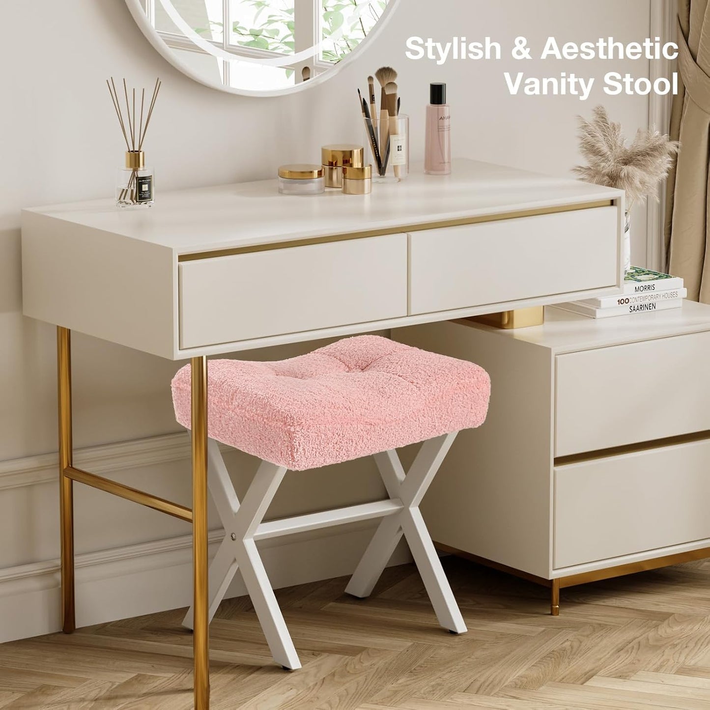 Memobarco 18-Inch Vanity Stool Chair, Vanity Bench with Metal X-Legs, Ottoman Accent Stool with Breathable and Soft Boucle Fabric Saddle Seat, Pink