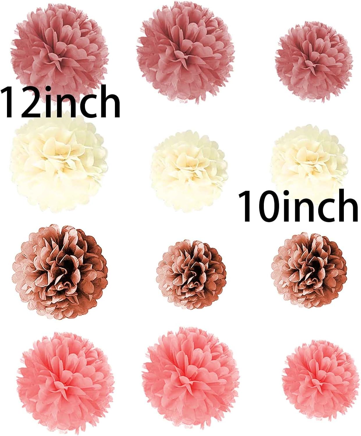 Blush Pink, Dusty Rose, Mauve, Cream Tissue Paper Pom Poms,Hanging Paper Pompoms Wedding Bridal Shower Bachelorette Party Decoration （8Pcs 12in,4Pcs 10in）