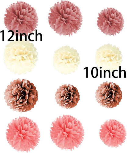 Blush Pink, Dusty Rose, Mauve, Cream Tissue Paper Pom Poms,Hanging Paper Pompoms Wedding Bridal Shower Bachelorette Party Decoration （8Pcs 12in,4Pcs 10in）