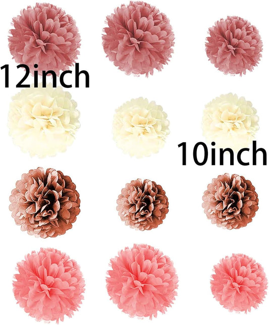Blush Pink, Dusty Rose, Mauve, Cream Tissue Paper Pom Poms,Hanging Paper Pompoms Wedding Bridal Shower Bachelorette Party Decoration （8Pcs 12in,4Pcs 10in）