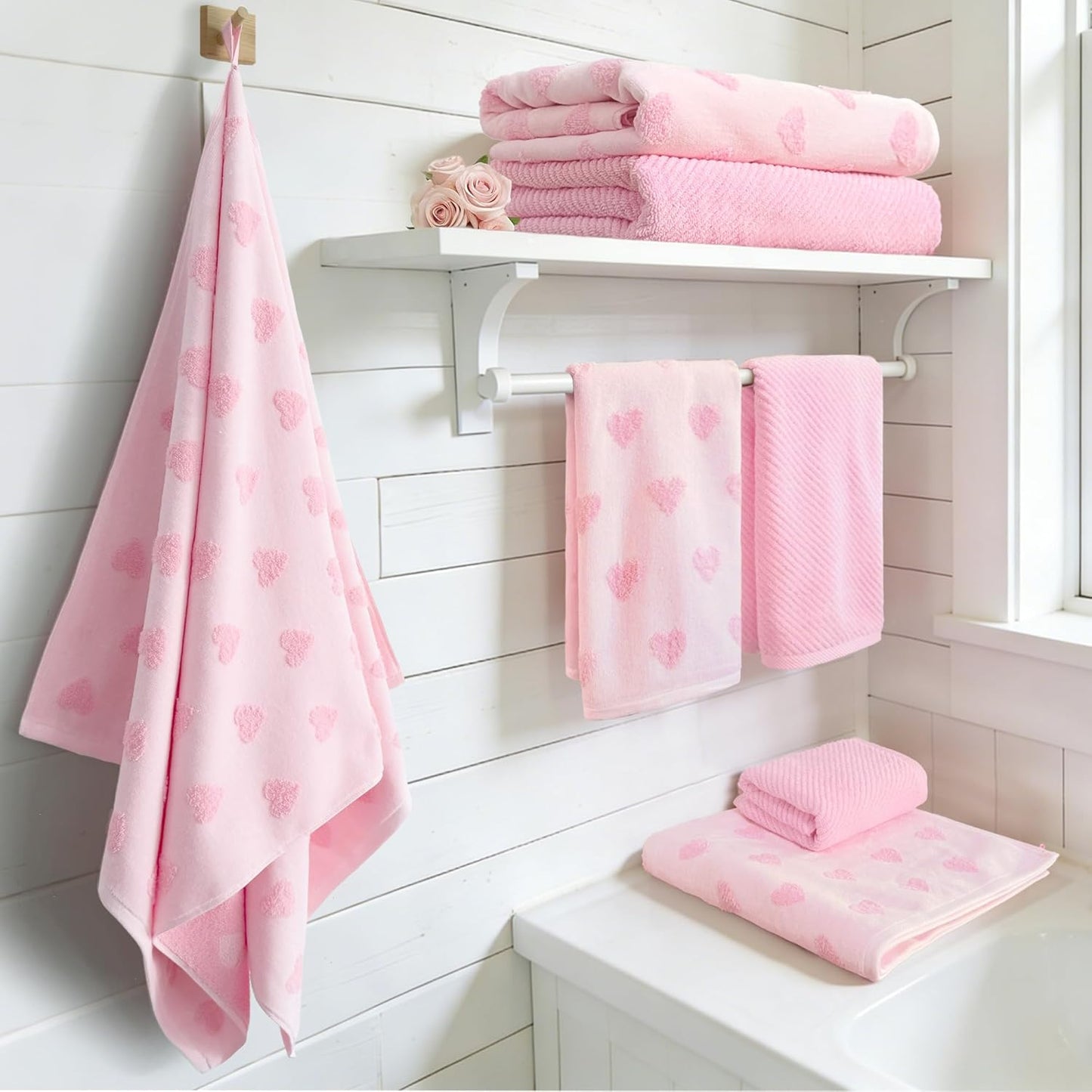 VOOVA & MOVAS Pink Bath Towels 4-Pack, 100% Soft Cotton 26.5" x 54.5" Quick Dry Absorbent Thick Towels with Jacquard Heart Design