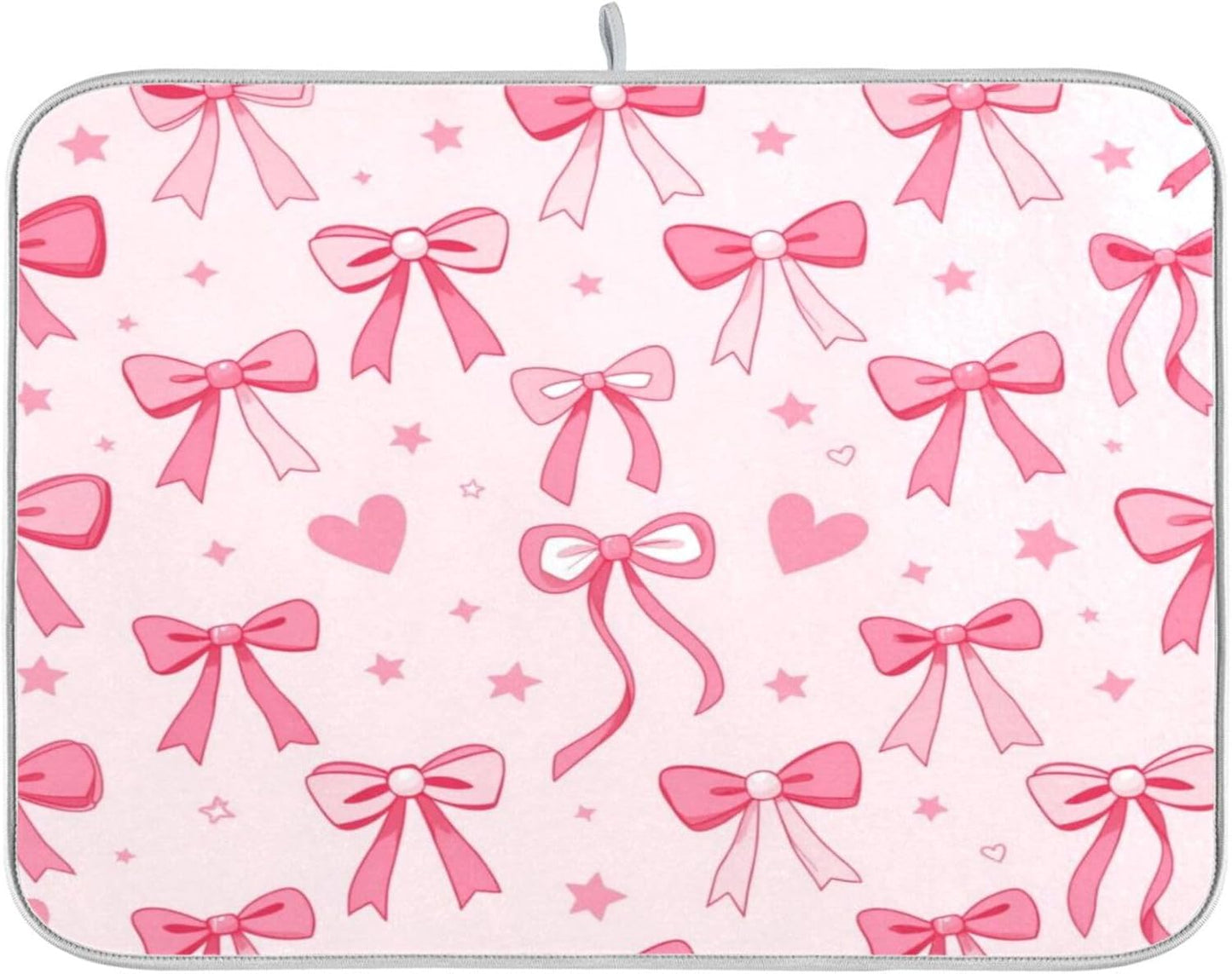 Kcldeci Pink Bows Heart Dish Drying Mat Kitchen Counter Mat Draining Mat Kitchen Accessories Dish Rack Pad for Dishes, Utensils, Countertops, Sinks 18x24in