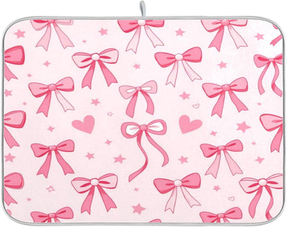 Kcldeci Pink Bows Heart Dish Drying Mat Kitchen Counter Mat Draining Mat Kitchen Accessories Dish Rack Pad for Dishes, Utensils, Countertops, Sinks 18x24in