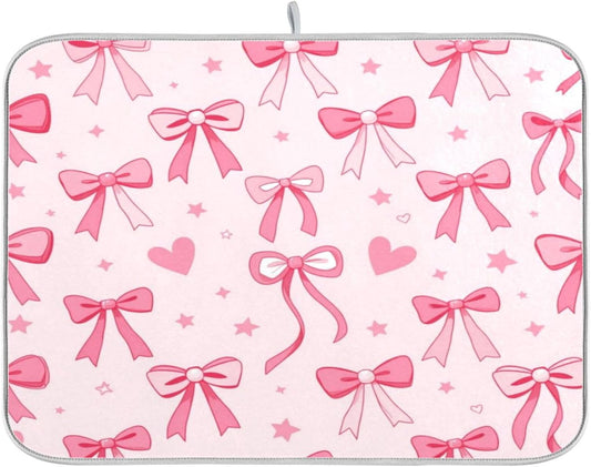 Kcldeci Pink Bows Heart Dish Drying Mat Kitchen Counter Mat Draining Mat Kitchen Accessories Dish Rack Pad for Dishes, Utensils, Countertops, Sinks 18x24in