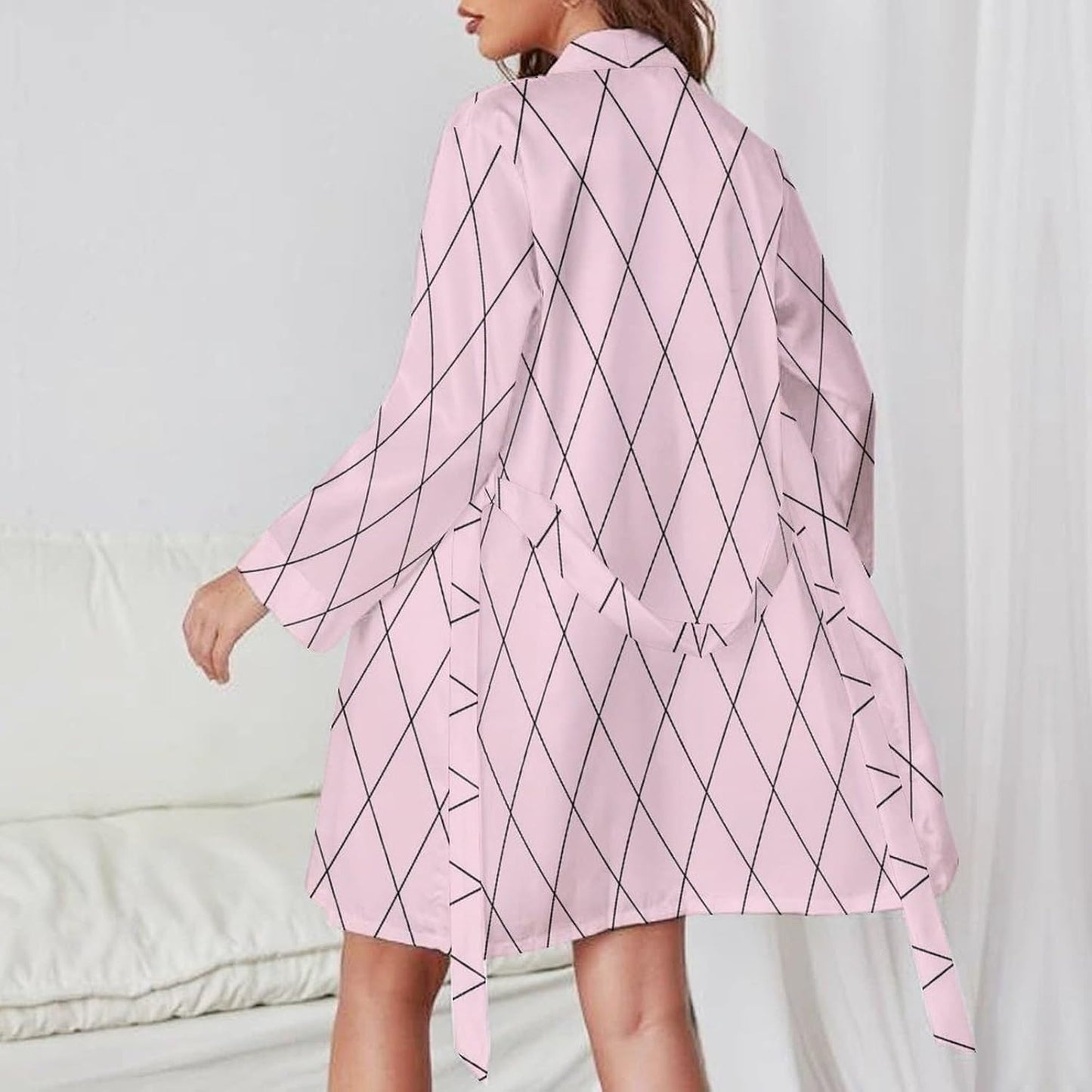 Checkered Pink Pattern Print Short Robes for Women, Belted Bathrobe Nightgown Sleepwear Loungewear Dressing Gown