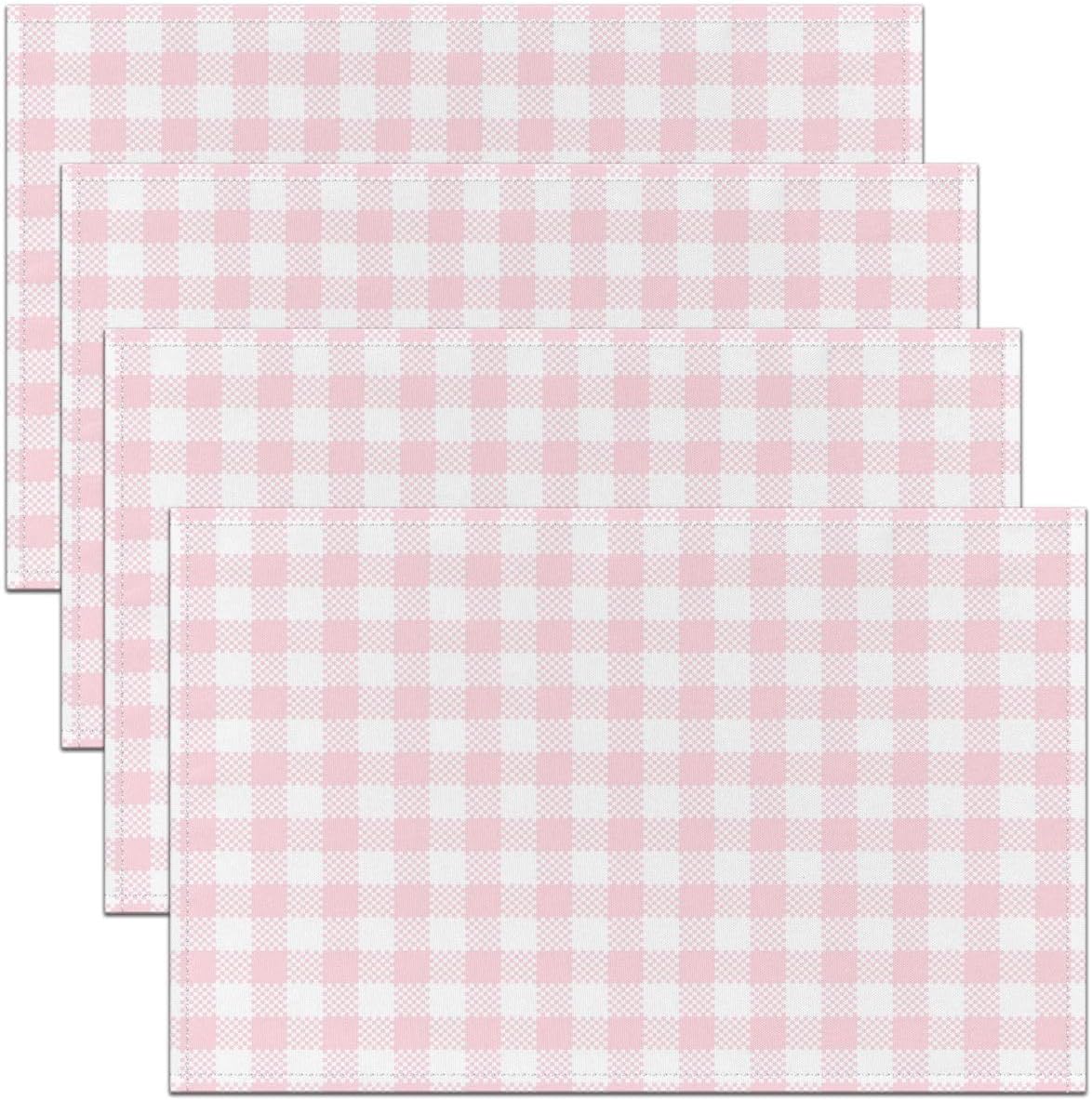Feelyou Pink White Checked Plaid Placemats Set of 4 12x18 Inch Geometric Grid Table Mats for Kitchen Dining Seasonal Buffalo Place Mat for Dinner Table Indoor Outdoor Non-Slip Easy to Clean Washable