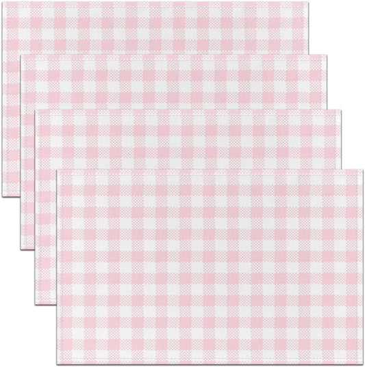 Feelyou Pink White Checked Plaid Placemats Set of 4 12x18 Inch Geometric Grid Table Mats for Kitchen Dining Seasonal Buffalo Place Mat for Dinner Table Indoor Outdoor Non-Slip Easy to Clean Washable