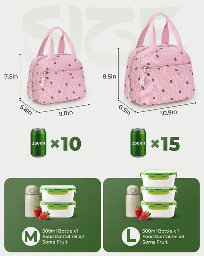 Tuwubi Lunch Box for Women, Cute Corduroy Lunch Bag Insulated Reusable Tote, Water-Resistant Large Capacity Cooler for Work Picnic Travel (M-Pink Strawberry)
