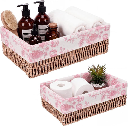 SiliFine Pink Floral Toilet Paper Storage Basket Set of 2 Chinoiserie Floral Decorative Wicker Bathroom Organizer for Toilet Tank Trays Holder Bin for Shelves Fits with Any Bathroom Decorative