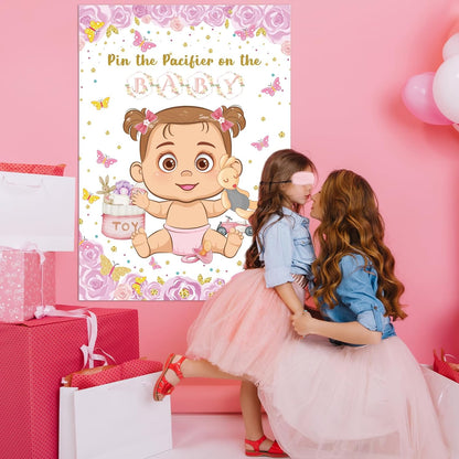Pin The Pacifier On The Baby Game, Pink Baby Shower Decoration Pin Pacifier on Baby Poster Butterfly Theme Decor with 48 Pacifier Stickers Game for Baby Shower Party Birthday Party Supplies