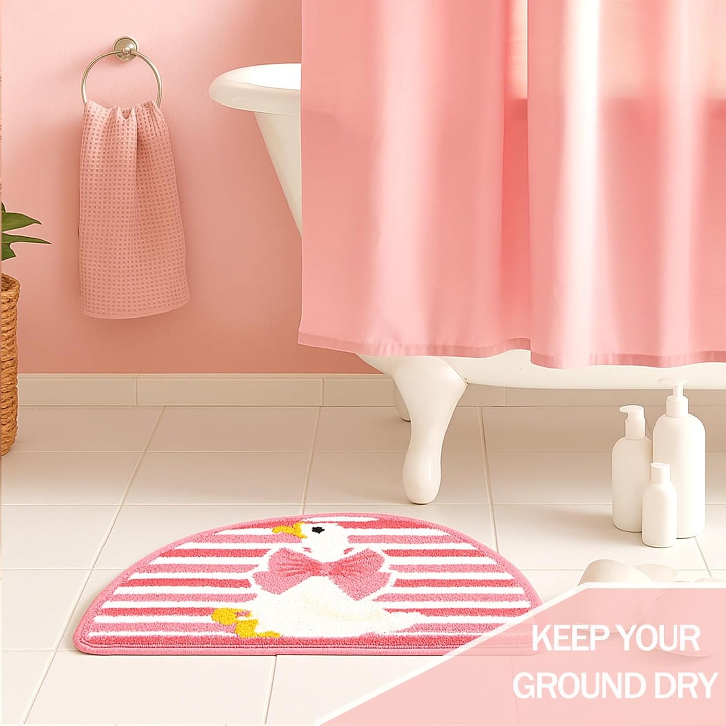 Cute Goose with Bow, Pink Stripe Bathroom Rug, Soft Plush Kawaii Tufted Bath Room Mat, Non-Slip & Machine Washable, Absorbent & Quick Dry Floor Mat Home Decor for Shower, Tub and Sink, 17.7"x31.5"