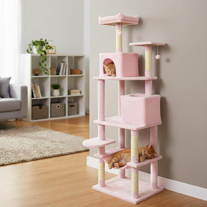 Tangkula Pink Cat Tree for Indoor Cats, 75 Inch Extra Tall Cat Tower with Sisal Scratching Post, Padded Top Perch, Dual Condos, Hammock, 2 Dangling Balls, Platforms, Multi-level Cat Climbing Furniture