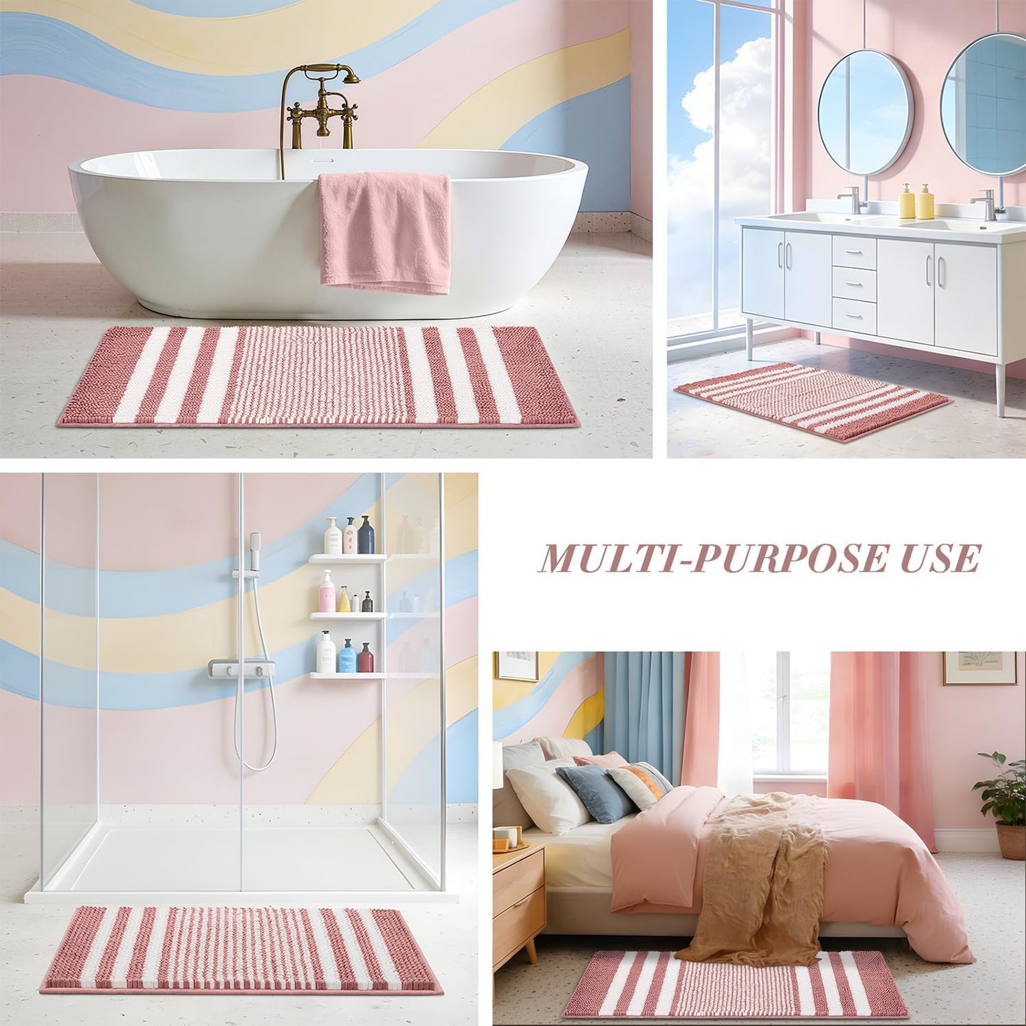 BSICPRO Bathroom Rugs, 24x16 Inch Extra Soft Absorbent Shaggy Chenille Bath Rugs, Non Slip Backing Quick Dry Machine Washable Modern Bath Mat for Bathroom Floor, Home Decor Accessories,Dusty Pink