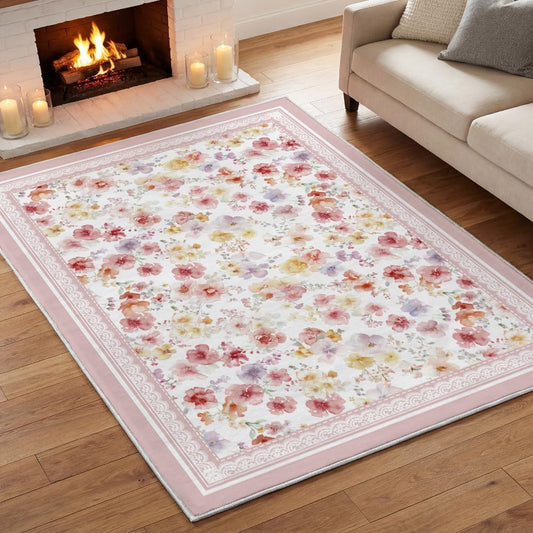 Artoid Mode Pink Watercolor Flower Spring Area Rug, Summer Home Decor Low-Profile Non-Slip Washable Large Rug for Living Room Bedroom Farmhouse Dining Room Kids Playroom 5x7 Feet