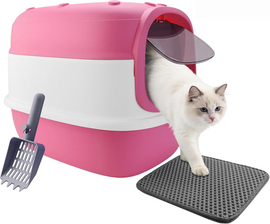 Cat Litter Box with Litter Mat, 20"x15"x15" Large Litter Box for Big Cats, Enclosed Removable Litter Boxs, Flip-Top Design, Odor Control, Easy to Clean (Pink)