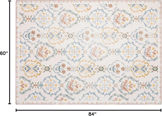 Phantoscope Washable Area Rug 5'x7' Non-Slip, Vintage Floral Boho Rugs for Living Room, Bedroom, DiningRoom, Soft Botanical Moroccan Pattern, Low-Pile Foldable Floor Carpet, Ivory Pink/Boho Garden