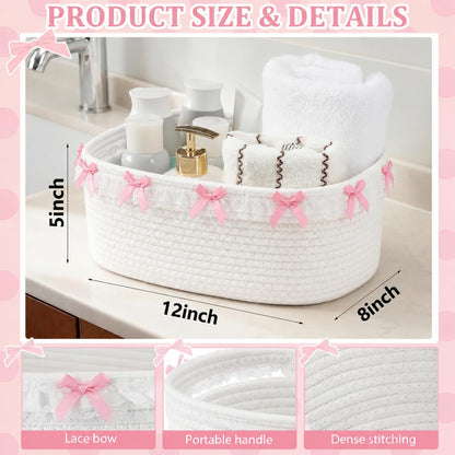 Cute Basket for Gifts Empty, 12"x 8"x 5" Coquette Woven Rope Gift Baskets White Lace Rectangle Shelf Organizer Storage Bins for Nursery, Baby Shower, Toy Organizing