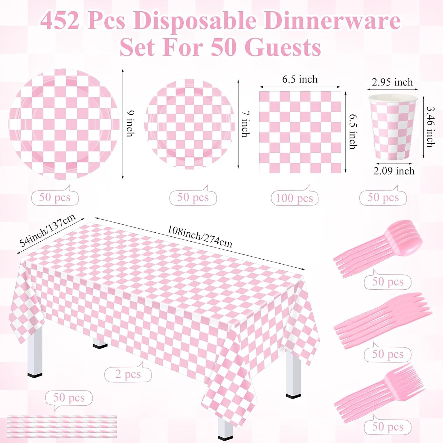 Funnymoom 452 Pcs Light Pink and White Gingham Party Supplies for 50, Pink Checkered Gingham Paper Plates Napkins Cups Tablecloth Cutlery Straws for Picnic Camping Birthday Baby Shower Decoration