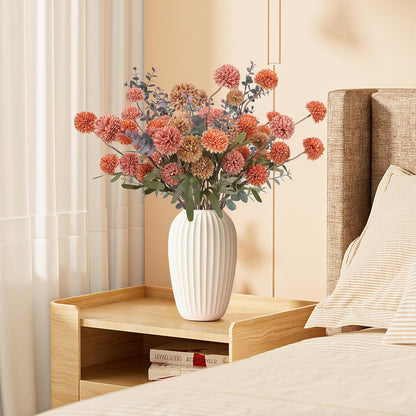 Geegoods Fall Faux Pompon Mum Flowers – 10 Stems, 21” Long Burnt Orange Brown Pink Orange Artificial Flowers with 2 Eucalyptus Stem for Vase, Rustic Autumn Centerpieces & Fall Home Décor